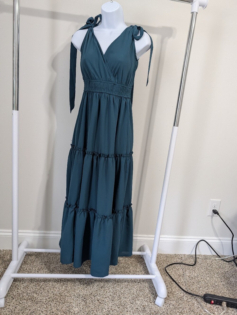 Tie-Shoulder Teal Maxi Dress